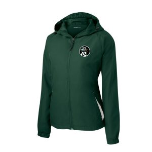 Sport-Tek® Women's Colorblock Hooded Raglan Jacket in Forest Green/ White with Embroidered Highland Roosters Logo